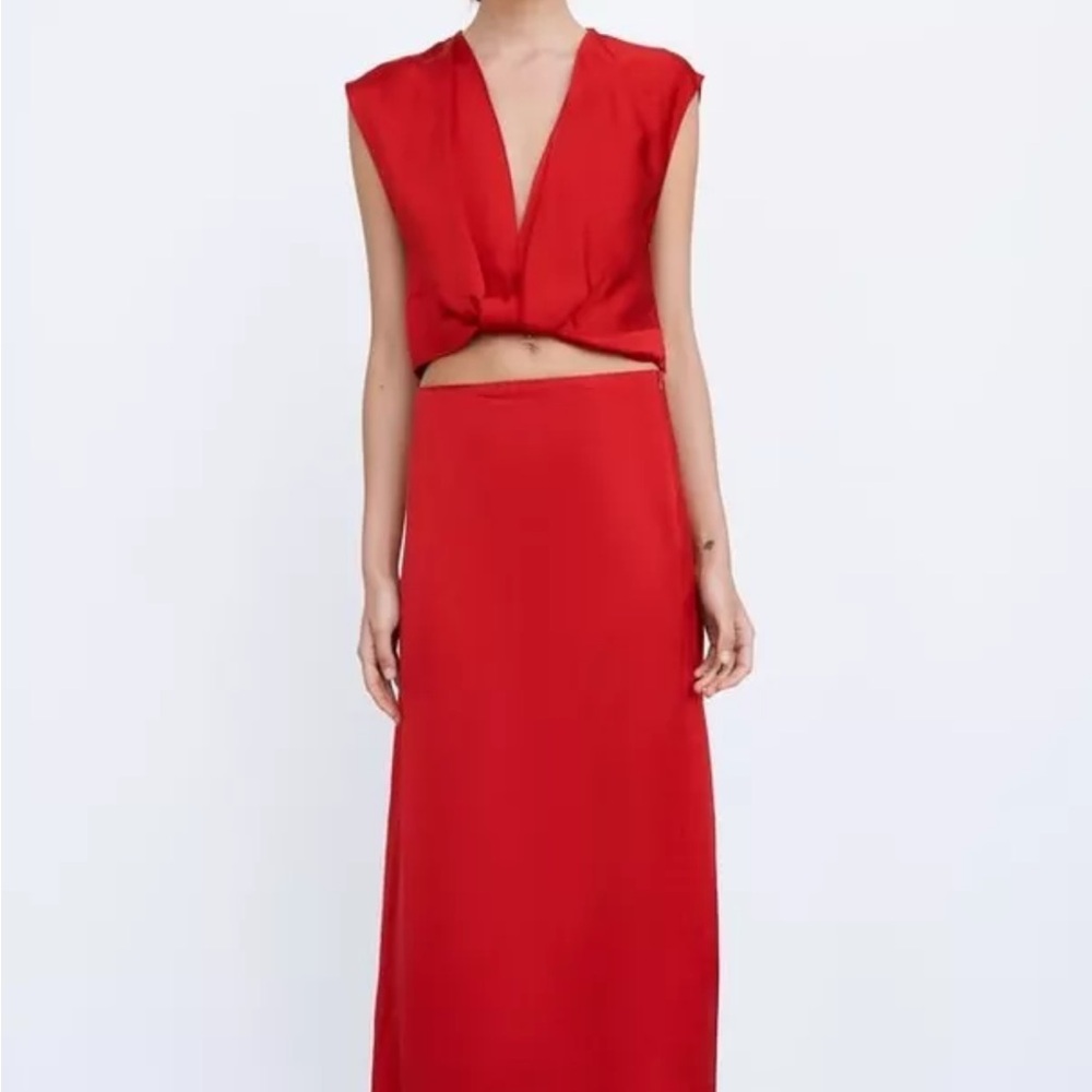 Zara red Satin midi pencil Skirt Set, size S, $150